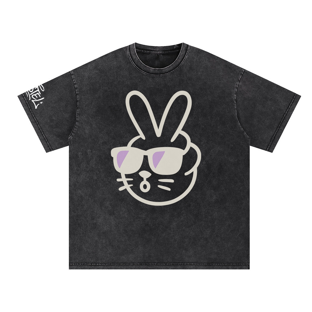 Peace Bunny Oversize Acid Wash Tee (LAVENDER/BLACK)