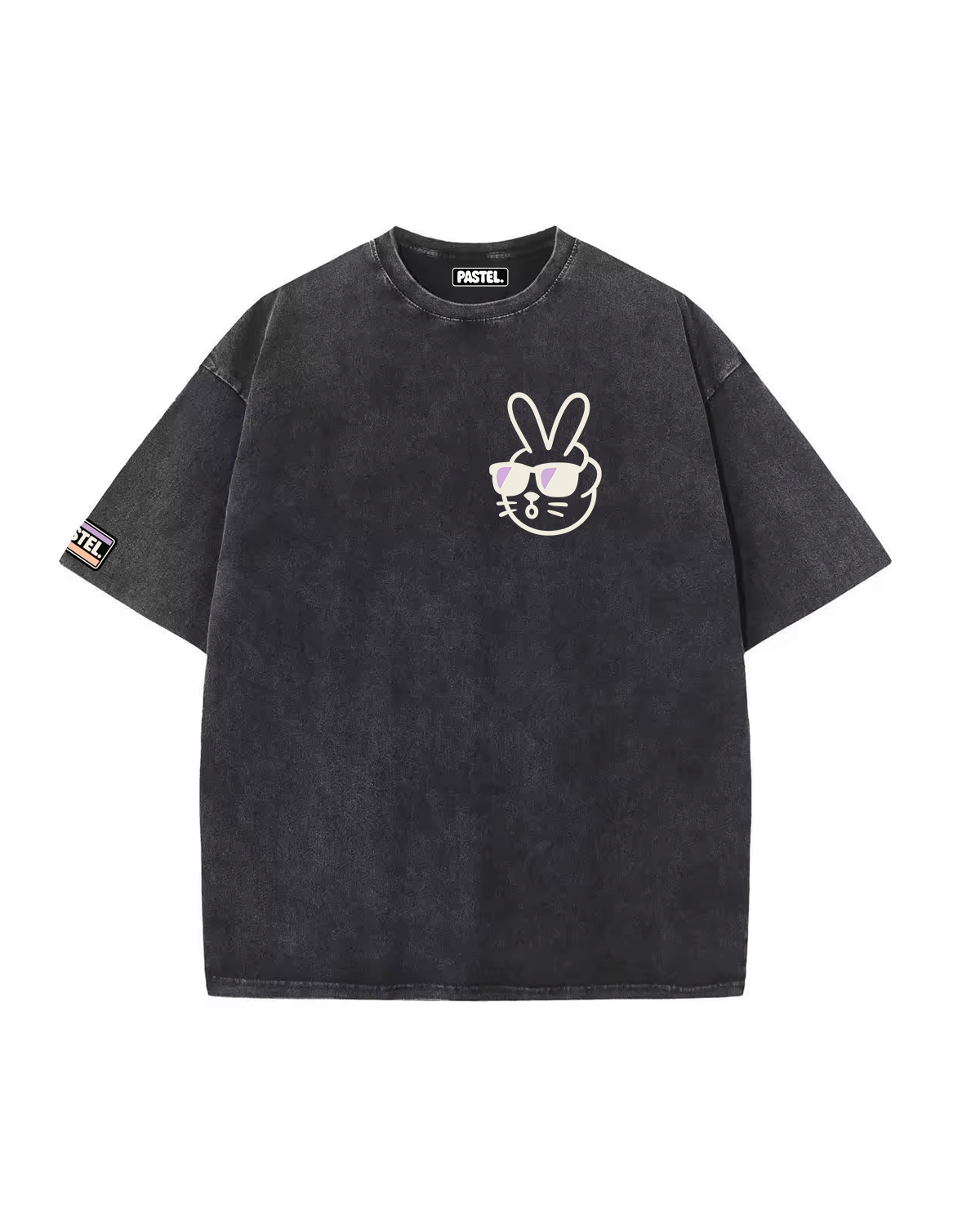 Oversize Acid Wash Peace Bunny Black Tee