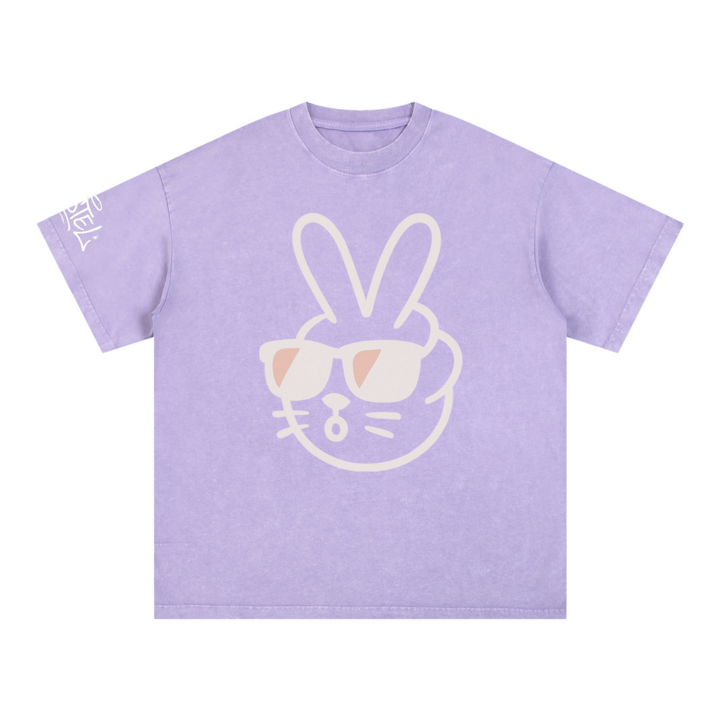 Peace Bunny Oversize Acid Wash Tee (LAVENDER/BLACK)